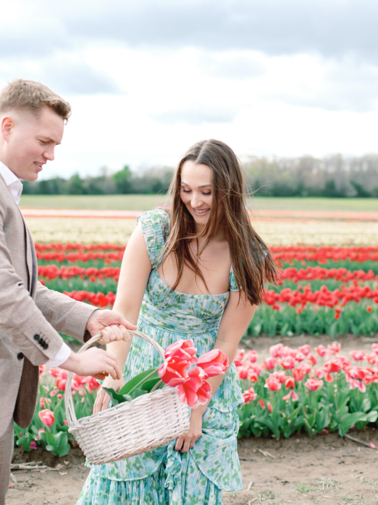 Anne & Elijah gathering flowers in the tulip fields in full Bloom at Burnside Farms
